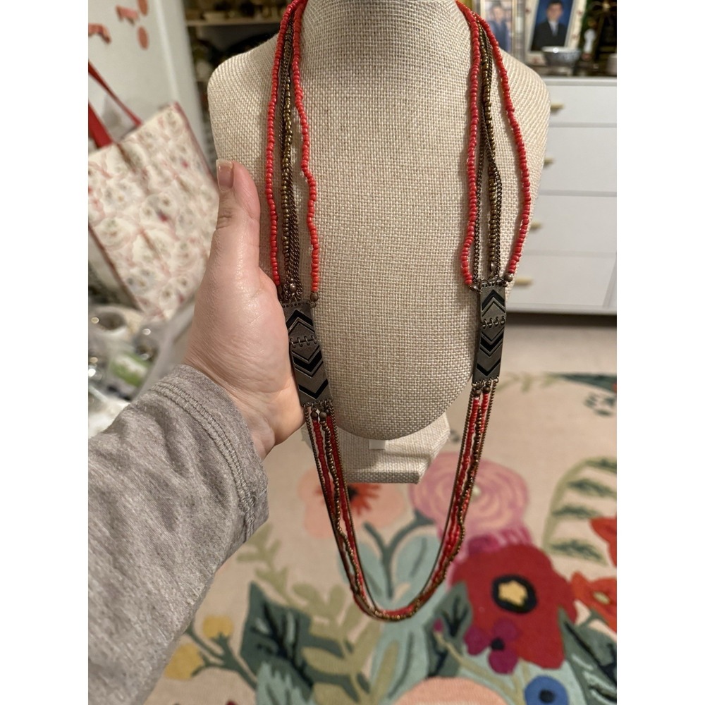Boho Multi Strand Red Seed Bead &‎ Brass Chain Chevron Statement Necklace 28"